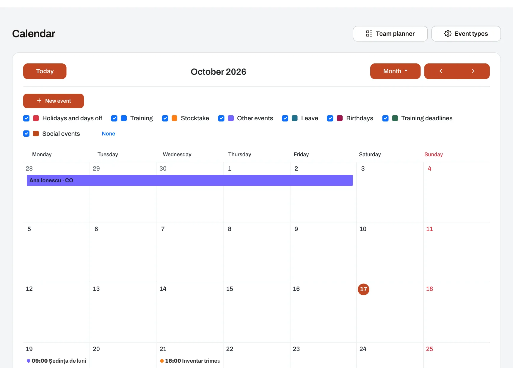 The monthly company calendar, with events, leave and public holidays in distinct colours.