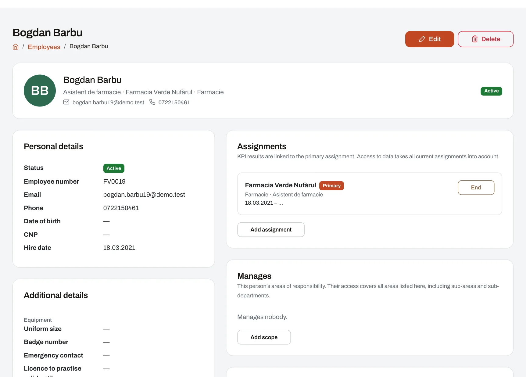 An employee record with personal details, work assignments and management responsibilities.