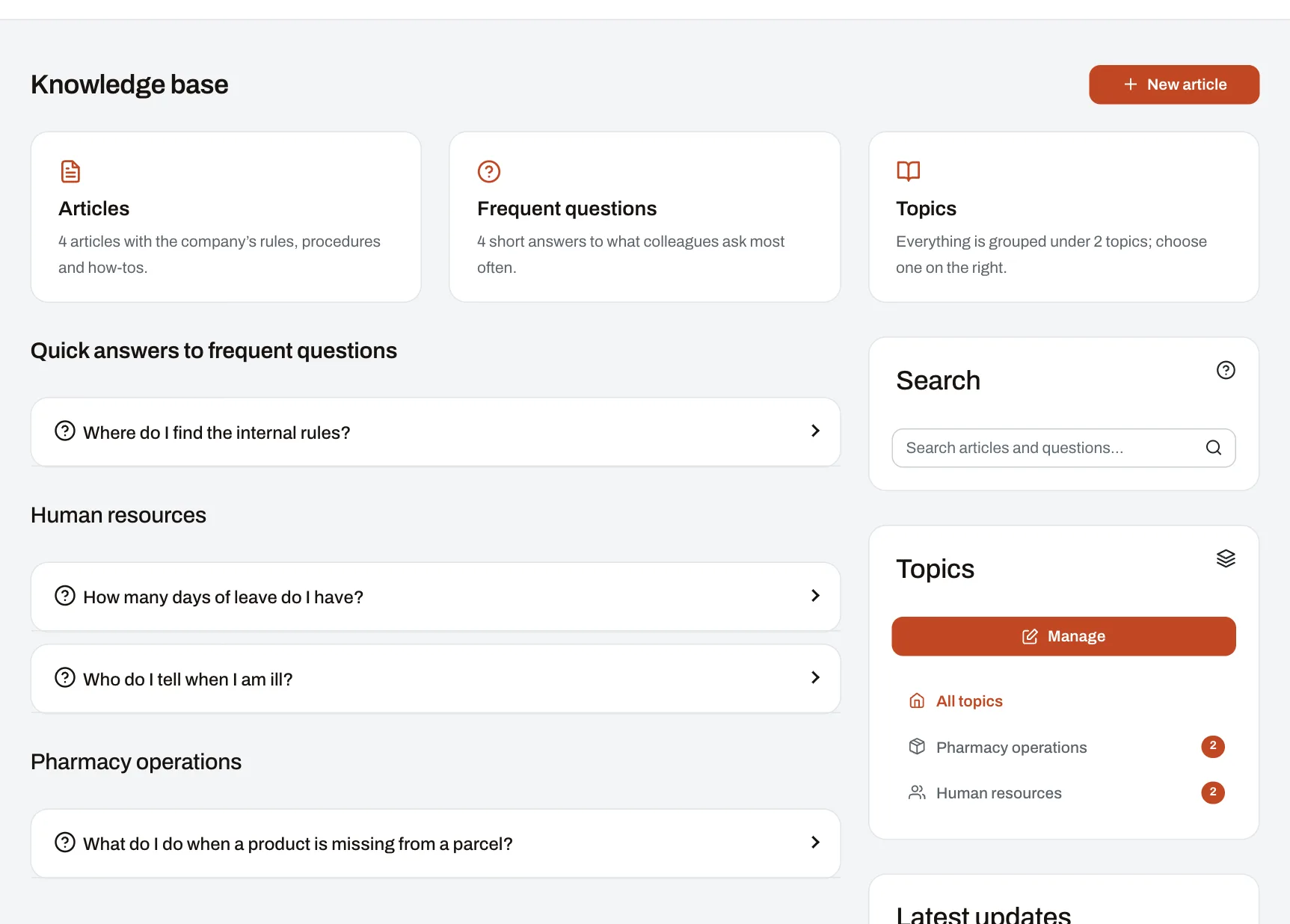 The knowledge base, with frequently asked questions by topic, search and recent articles.