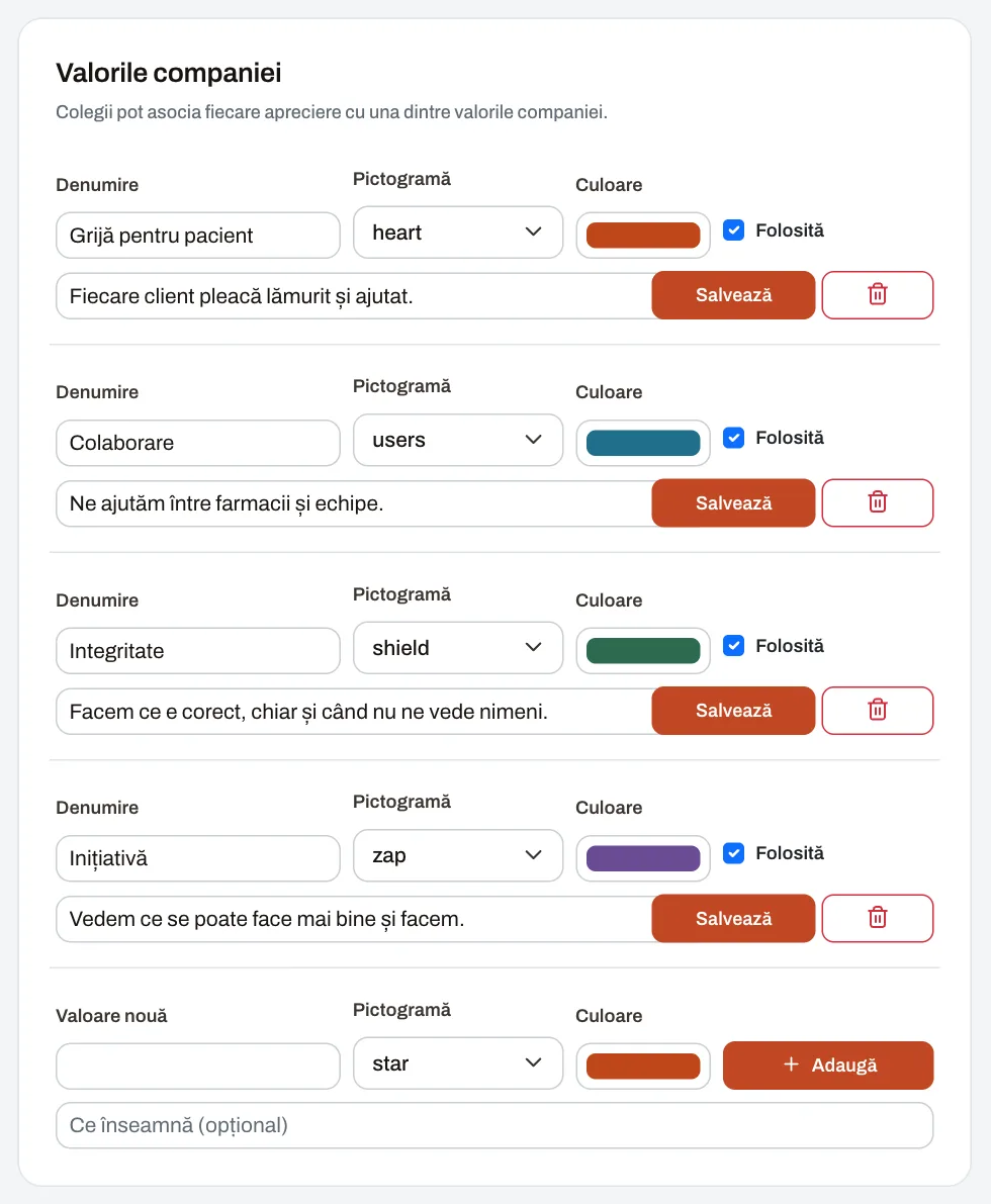 Valorile companiei pentru aprecieri, fiecare cu denumire, descriere, pictogramă și culoare.