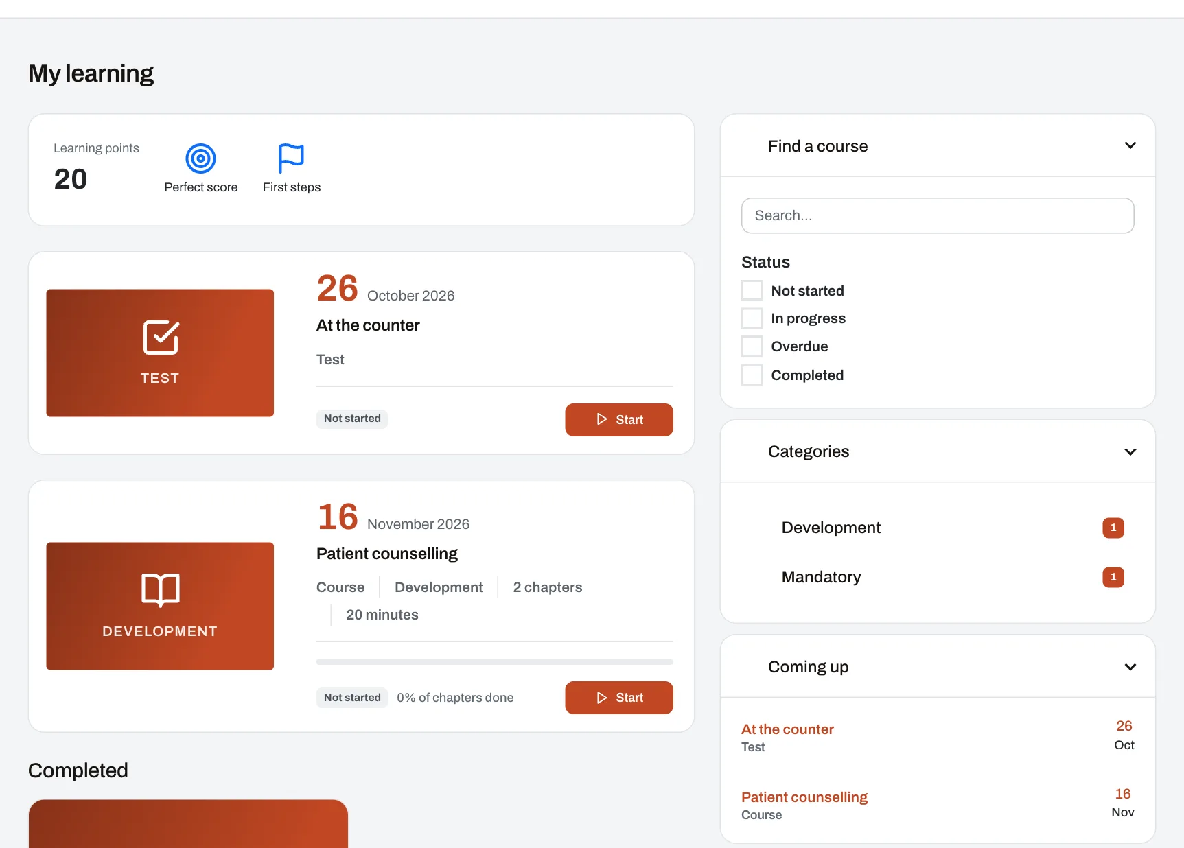 “My learning”: assigned courses and tests with their deadlines, points and badges.
