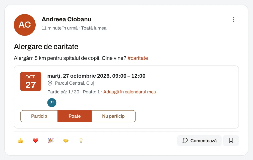 Un eveniment în flux, cu „Particip / Poate / Nu particip” și locuri limitate.