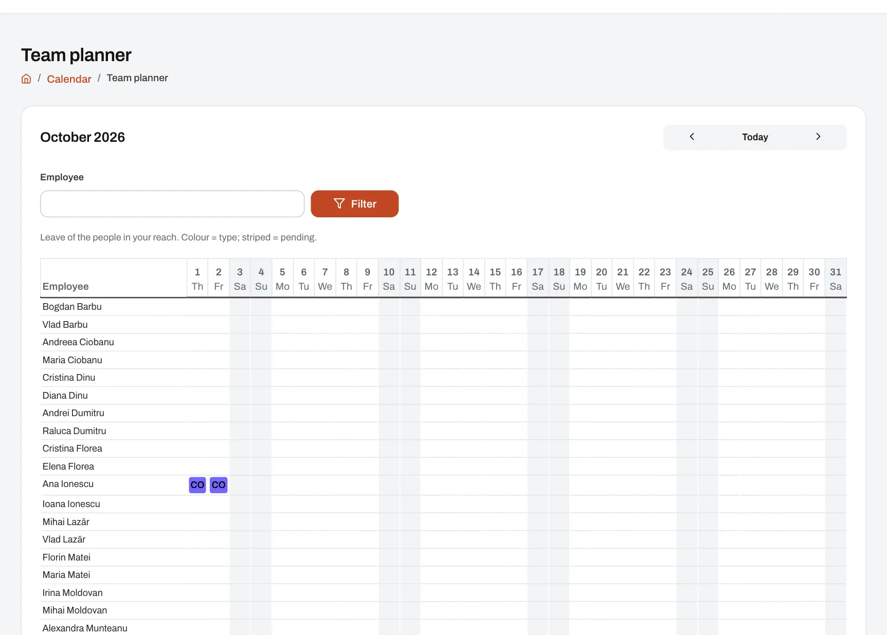 The team planner: a month of leave, one row per person.
