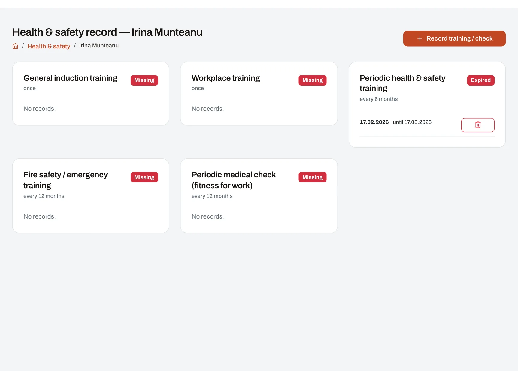 An employee’s health and safety record: each kind of training and check, with its date, validity and status.